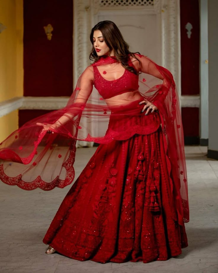 Kajal Aggarwal in a red lehenga 2 Simple Lehenga, Indian Outfits Lehenga, Wedding Lehenga Designs, Half Saree Designs, Dresses Traditional, Red Lehenga, Indian Fashion Saree, Indian Dresses Traditional, Indian Gowns Dresses