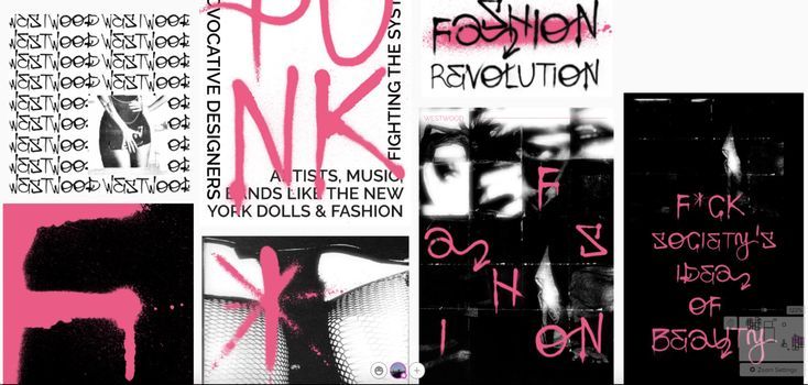 several posters with pink and black spray paint on them, including the words fashion revolution