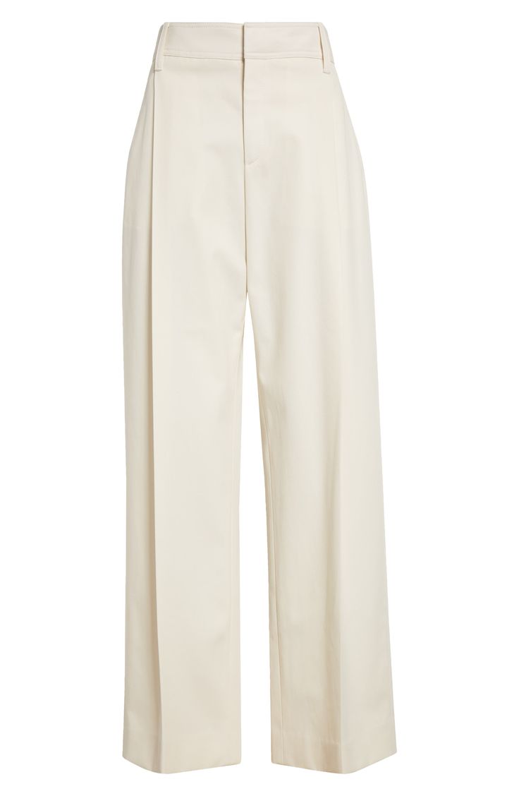 Topstitch detailing subtly calls out the classic lines of these pleat-front trousers made from sturdy, seasonless stretch wool. 30" inseam; 21" leg opening; 10" front rise; 13" back rise (size 10) Zip fly with hook-and-bar closure Belt loops Lined 100% organic cotton Hand wash, line dry Made in the USA Women's Designer Clothing Cream Wide-leg Pants With Pressed Crease, Wide Leg Cream Pants With Pressed Crease, Chic Cream Bottoms With Pressed Crease, Tailored Cream Wide Leg Pants For Formal Occasions, Classic White Wide Leg Pants With Welt Pockets, Cream Workwear Pants With Pressed Crease, Cream Trousers With Pressed Crease, Cream Pants With Pressed Crease For Work, Cream Wide Leg Dress Pants For Formal Occasions