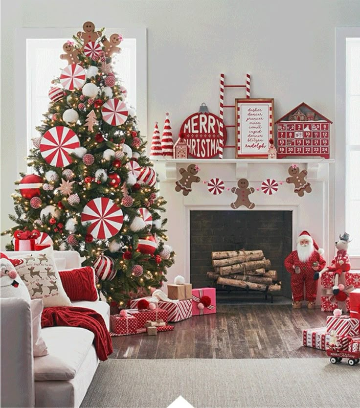 a living room decorated for christmas with a tree and presents in front of the fireplace