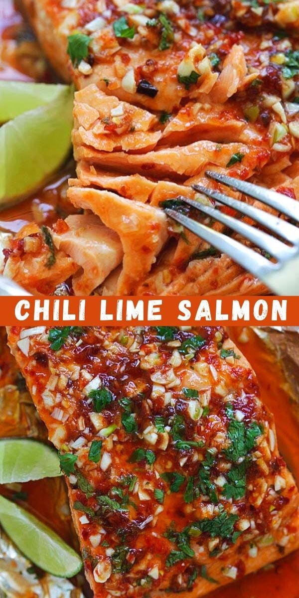 grilled salmon fillets with chili lime sauce and garnished with cilantro