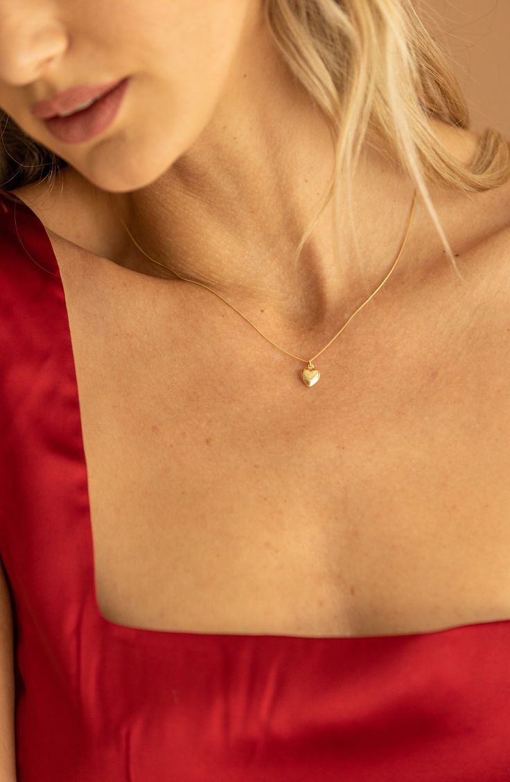 A puffy, 14k-gold-fill heart pendant lends delicate romance to this handmade box-chain necklace plated in 18-karat gold. 16" length; 2" extender; 1/4" x 1/4" pendant 18k-gold plate/14k-gold fill Made in the USA of imported materials Minimalist Accessories Jewellery, Relationship Necklaces, Promise Necklace, Dainty Initial Necklace, Puffy Heart Charms, Minimalist Accessories, Gold Necklace Simple, Necklace For Girlfriend, Initial Necklace Gold