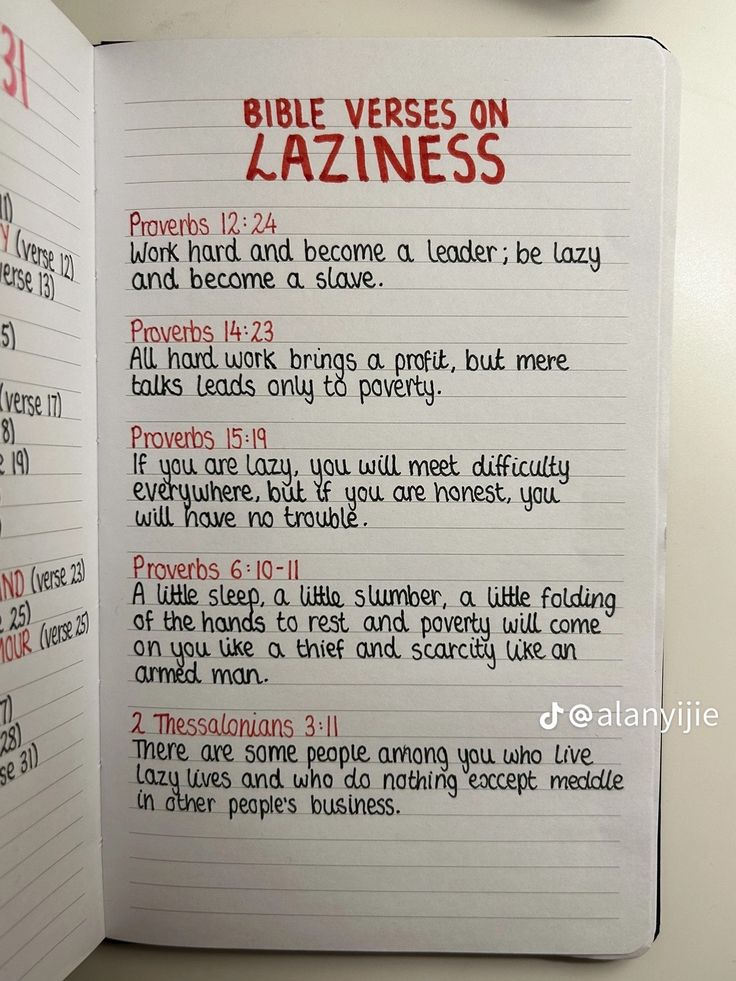 the bible verses on lazineess are written in red and black, along with other words