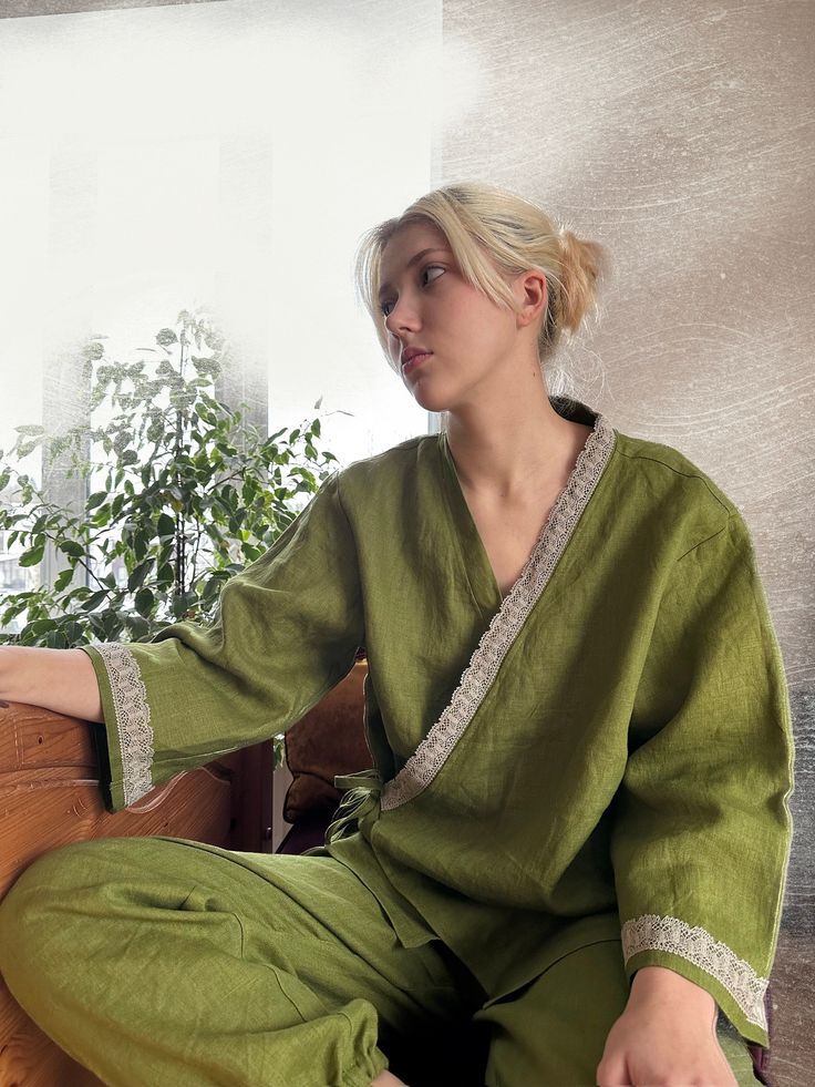 Pure softened linen women's kimono style 2 piece pajama set. Comfortable sleeping environment is made possible by the long sleeves, the relaxed fit, and the kimono styling. These stone washed linen set are great for relaxing around the house or for sleeping in.  Linen is amazingly suitable for hot summer climates because of its cooling and refreshing effect. on the other hand, it has a warming effect in winter. They are available in a range of colors and are perfect for any taste. This loungewea Kimono Pajamas Set, Spring Sets With Relaxed Fit, Spring Sleepwear For Relaxing At Home, Long Sleeve Spring Kimono For Lounging, Casual Linen Kimono For Loungewear, Green Linen Relaxed Fit Sets, Relaxed Fit Linen Sets For Spring, Green Relaxed Fit Linen Sets, Spring Kimono With Relaxed Fit