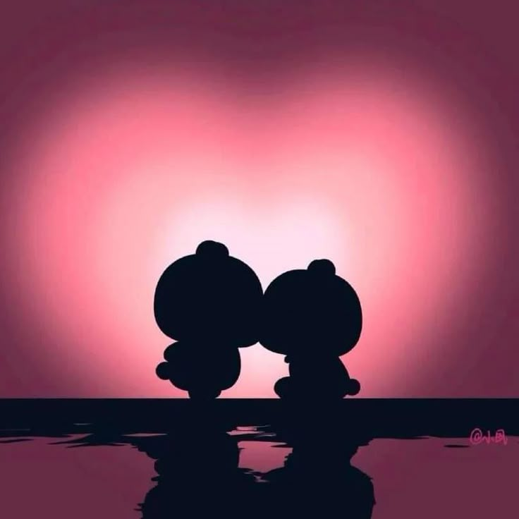 two teddy bears sitting on top of each other in front of a pink and purple sky