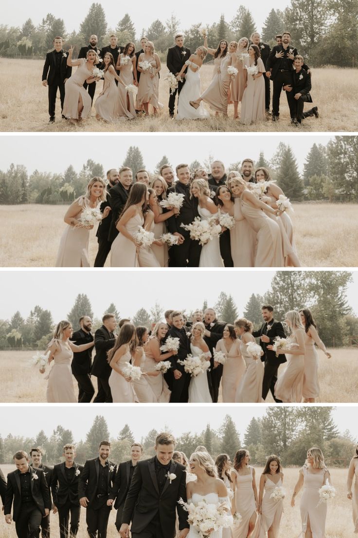 a group of people standing in a field next to each other and posing for pictures