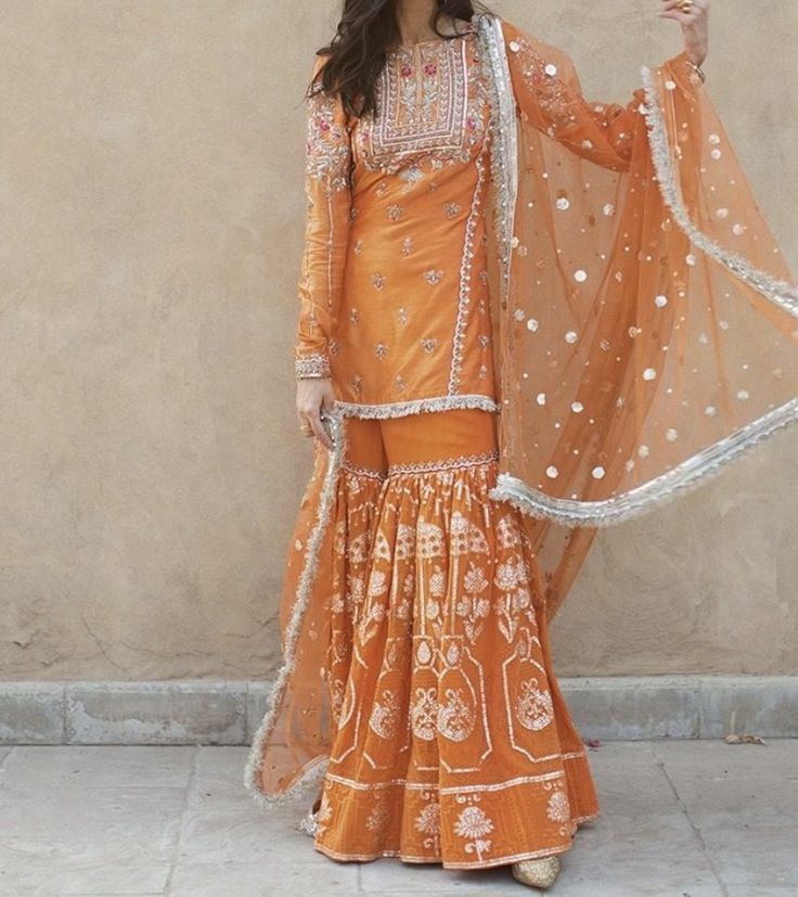 Orange Colour Pakistani Dresses, Orange Gharara, Wedding Gharara, Sharara Design, Gharara Dress, Function Dress, Gharara Designs, Wedding Dress For Women, Indian Scarf