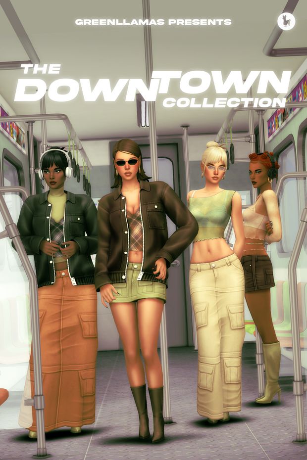 three women standing in front of a subway car with the words downtown collection on it