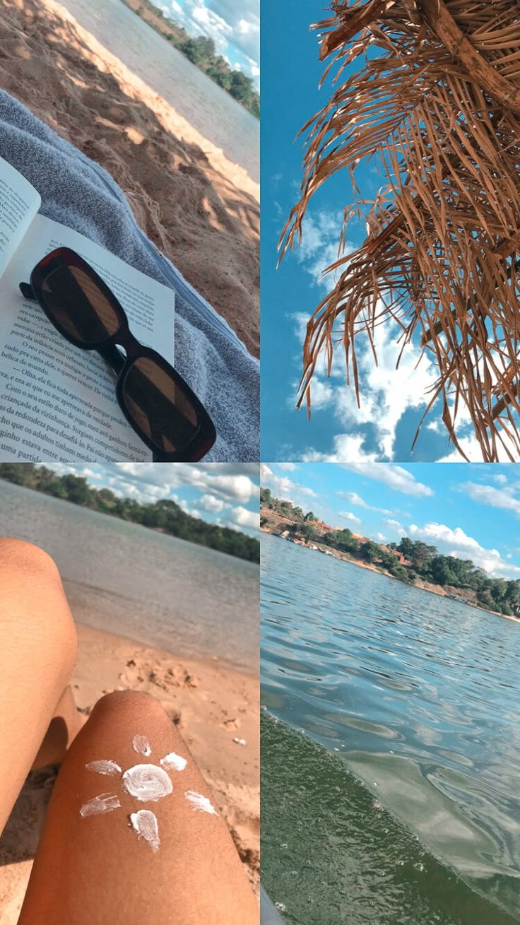 a person with sun glasses reading a book on the beach next to water and palm tree