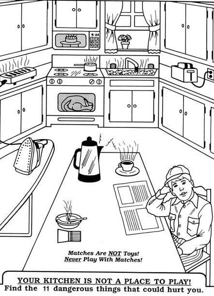 a black and white drawing of a kitchen with a man in the middle of it