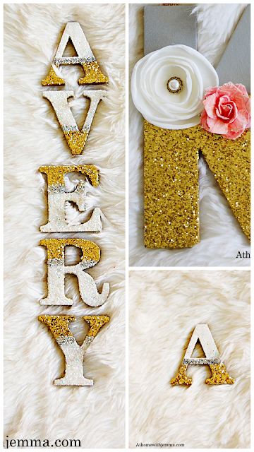 the letters are decorated with gold glitter