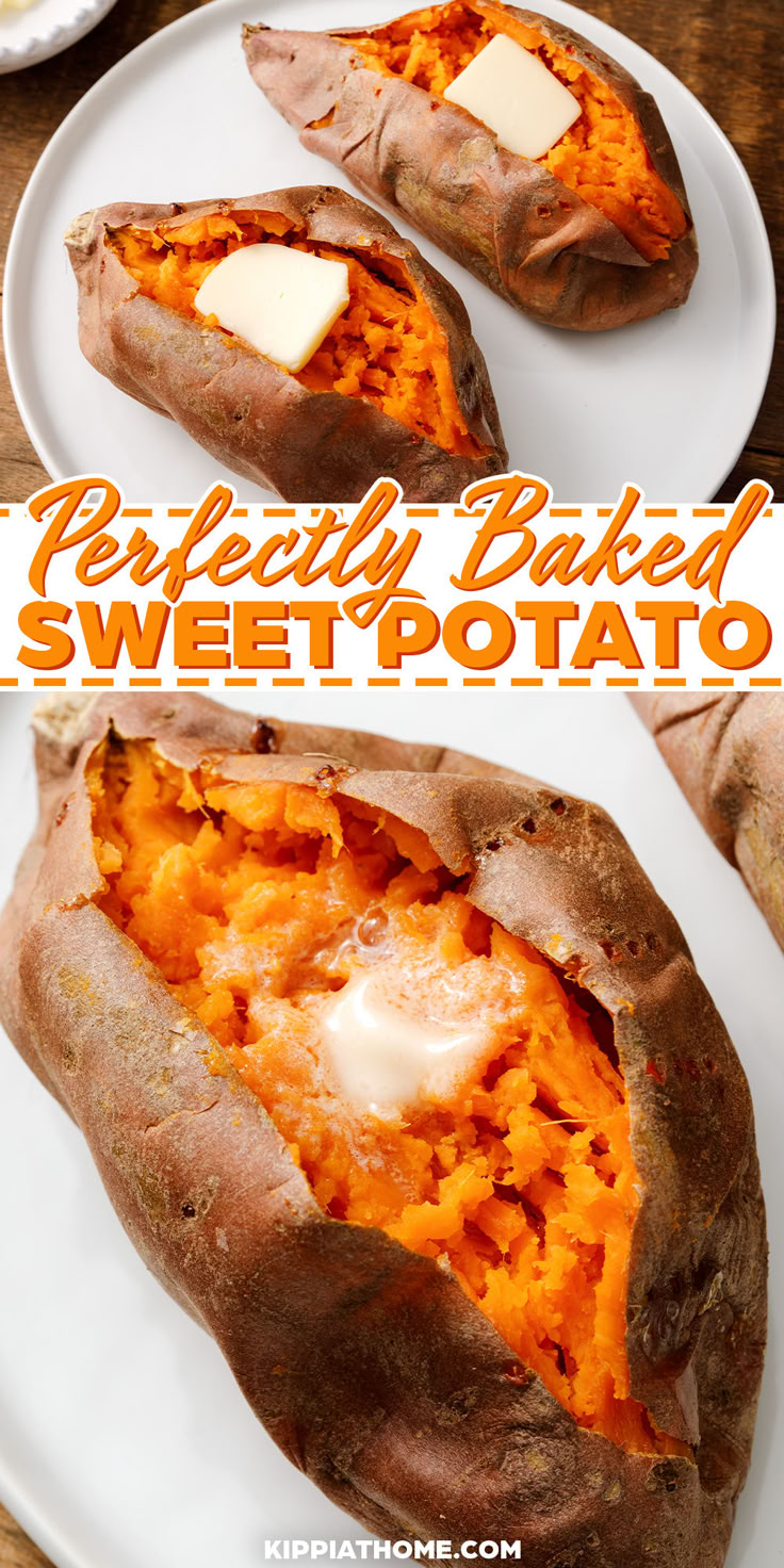 baked sweet potatoes with a pat of butter Side Dish With Sweet Potatoes, Best Way To Bake Sweet Potatoes, Sweet Potato Recipes In Oven, Perfect Sweet Potato, Recipes With Baked Sweet Potatoes, Baking A Sweet Potato In The Oven, One Sweet Potato Recipe, How To Make Baked Sweet Potatoes, Easy Roasted Sweet Potatoes