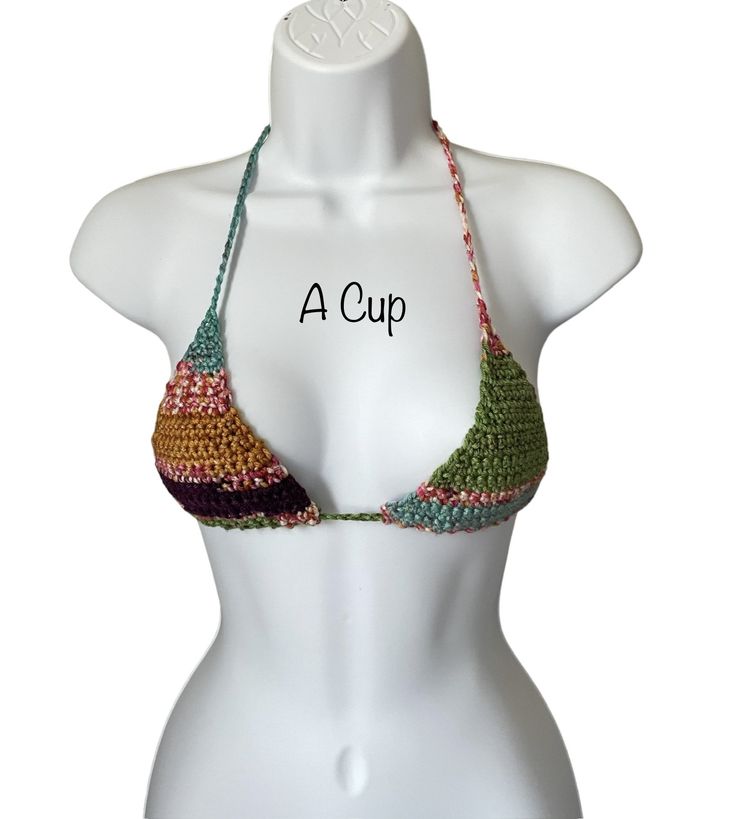 🤎Gorgeous adjustable crochet bikini top!  🤎Boho Inspired.  🤎Adjustable band at the bottom of each bra cup that wraps around your back!  Neck straps can be criss-crossed if desired!  🤎Acrylic.  🤎Hand wash. Lay flat to dry. Do not iron. 🤎If you have any questions please send me a message.  🤎 Happy Shopping! 🛍 Summer Halter Top With Built-in Bra And Adjustable Fit, Adjustable Straps Halter Top For Vacation, Beach Triangle Top Bra With Adjustable Straps, Bohemian Bra-friendly Halter Top For Vacation, Bohemian Crochet Swimwear For Swimming, Multicolor Crochet Halter Top For Beach, Crochet Multicolor Halter Top For Beach, Adjustable Bra-friendly Halter Top For Sunbathing, Bohemian Adjustable Halter Neck Swimwear