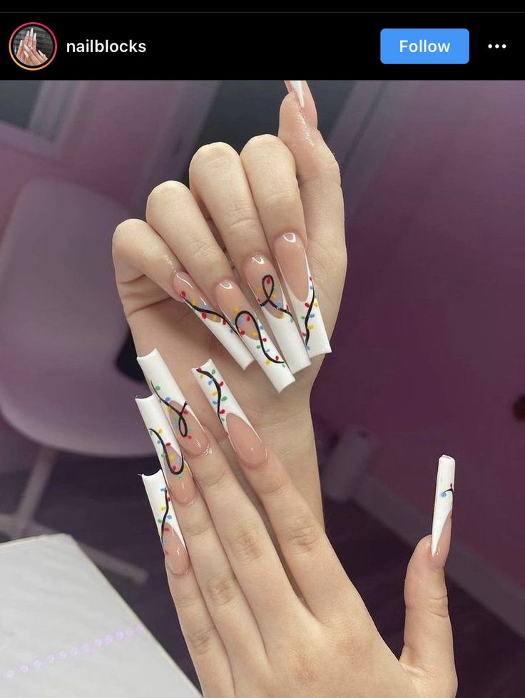 Christmas Light Nails, Tapered Square Nails, Halloween Acrylic Nails, Light Nails, Winter Nails Acrylic, Christmas Nails Easy, French Tip Acrylic Nails, Vibrant Nails, Acrylic Nails Coffin Pink