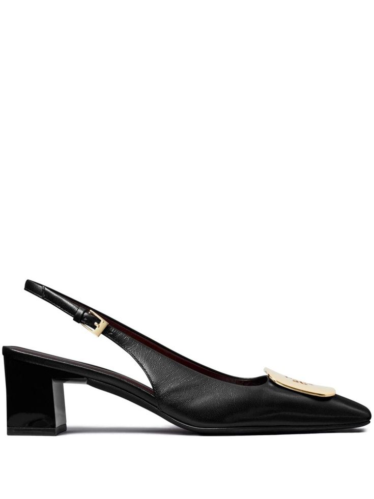 black nappa leather signature Double T motif gold-tone hardware square toe buckle-fastening slingback strap branded insole mid block heel Luxury Formal Slingback Pumps With Square Toe, Leather Slingback Pumps With Gold-tone Hardware And Pointed Toe, Luxury Evening Slingback Pumps With Square Toe, Elegant Leather Slingback Pumps With Gold-tone Hardware, Formal Calf Leather Slingback Pumps With Block Heel, Designer Slingback Pumps With Gold-tone Hardware For Formal Events, Luxury Square Toe Heels With Gold-tone Hardware, Luxury Heels With Gold-tone Hardware And Square Toe, Luxury Black Slingback Pumps With Square Toe