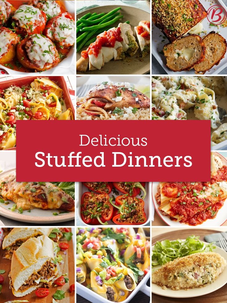 many different pictures of food with the words delicious stuffed dinners written below in red and white