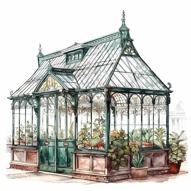 a drawing of a green house with potted plants