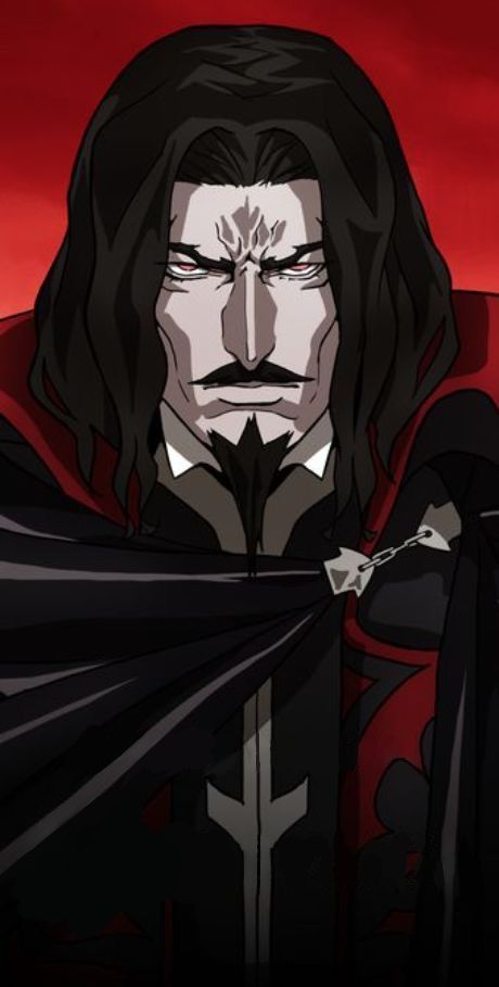 a man with long black hair wearing a cape and standing in front of a red sky