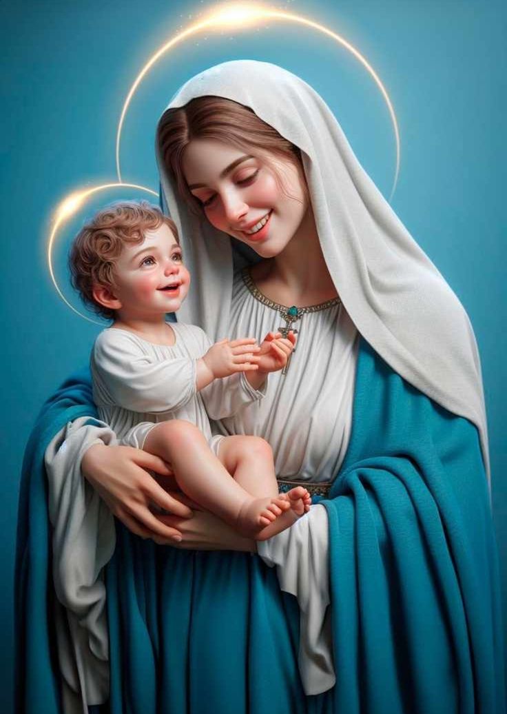 a painting of the virgin mary holding a child in her arms, with blue background