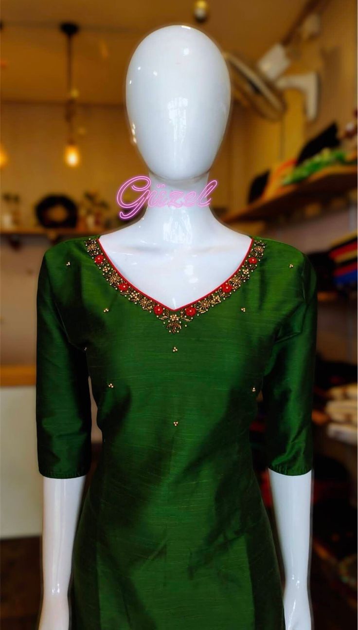 Bottle green color cotton silk kurta with cotton lining . Beautiful thread and beaded work on the neck. sleeve length:3/4th kurti length:46 Thread Work Neck Designs For Kurtis, Red Kurti Design, Green Kurti, Red Kurti, Kurti Sets, Beaded Work, Red Kurta, Kurti Design, Silk Kurta