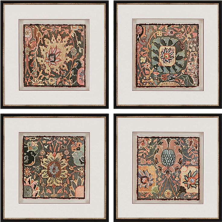 four framed art pieces with different designs on the sides and one has a flowered design