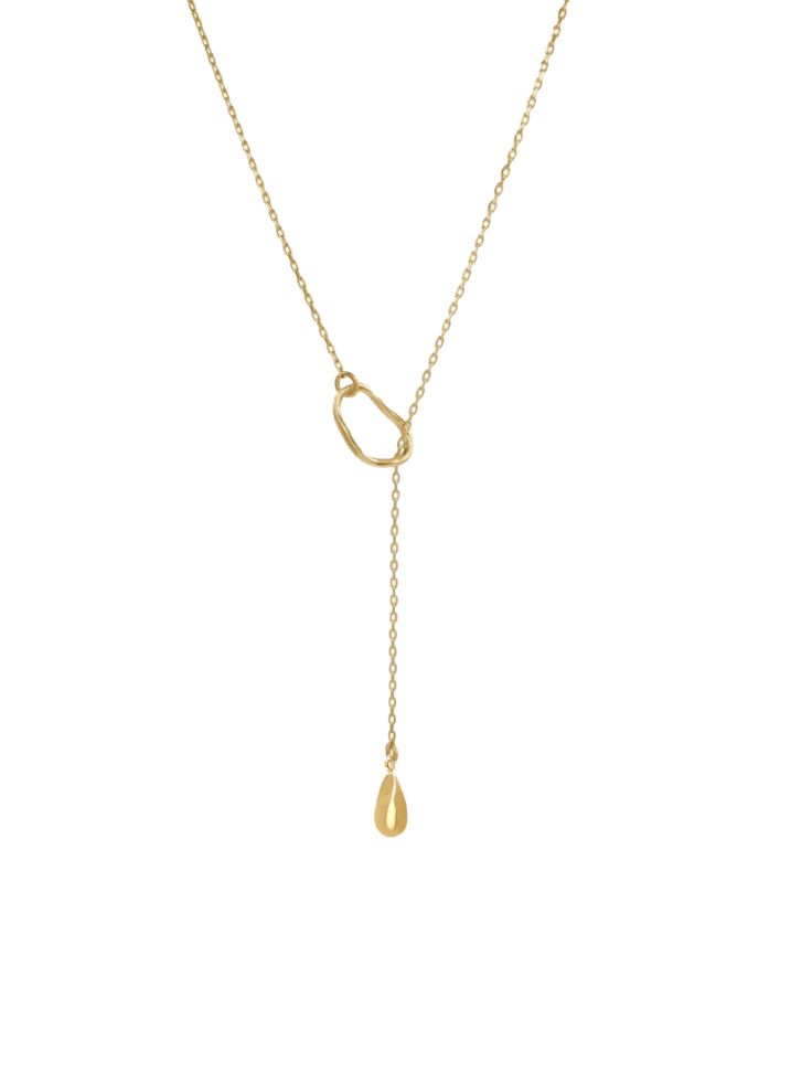 REFINED AND MINIMAL WHAT IT IS: A dewdrop inspired necklace on a delicate chain threaded through an abstracted loop WHY IT'S SPECIAL: This necklace is a minimal, simple, and refined take on the lariat necklace Sitting at 20", it's the perfect layering necklace GOOD TO KNOW: 14K gold vermeil WHY WE LOVE BING BANG NYC: Made in New York, Bing Bang NYC designs on-trend pieces with a little bit of edge. Their line is a minimalist’s dream with a big dose of whimsy thrown in. Modern Adjustable Drop Jewelry, Modern Lariat Necklaces With Cable Chain, Dainty Lariat Necklace With Teardrop Pendant, Modern Dangle Drop Necklace For Gifts, Modern Dangle Drop Necklace As Gift, Minimalist Teardrop Cable Chain Necklaces, Minimalist Teardrop Cable Chain Necklace, Minimalist Teardrop Necklace With Cable Chain, Minimalist Teardrop Chain Necklace With Adjustable Chain