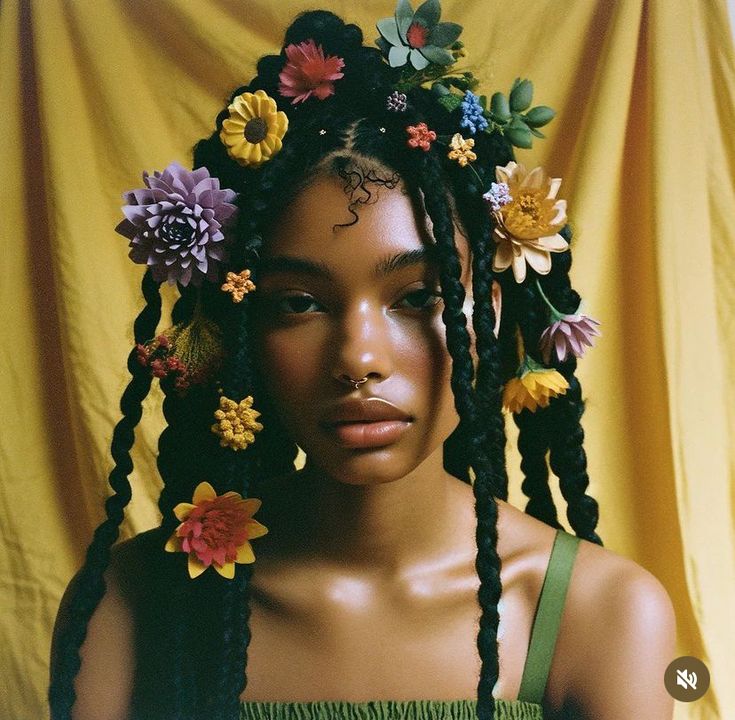 a woman with long braids and flowers in her hair, wearing a green top