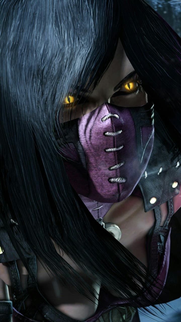 an animated woman with yellow eyes and black hair, wearing purple makeup on her face