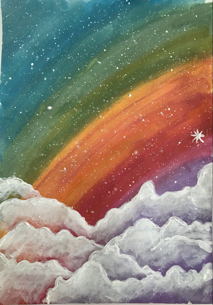 a painting of a rainbow in the sky with clouds and stars on it's side