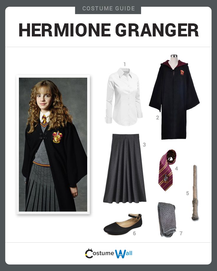 the costume guide for hermione granger from harry potter is shown in black and