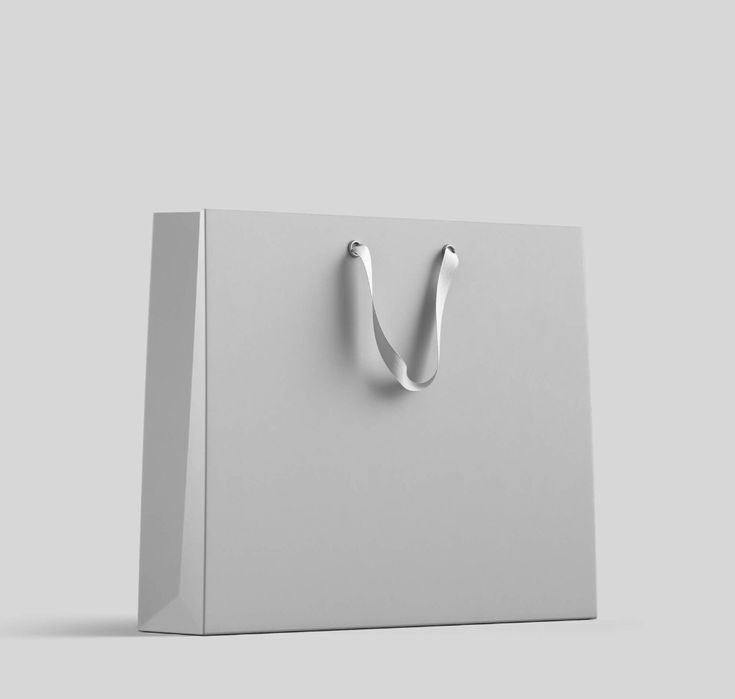 a white paper bag with a handle on the front and side, against a gray background