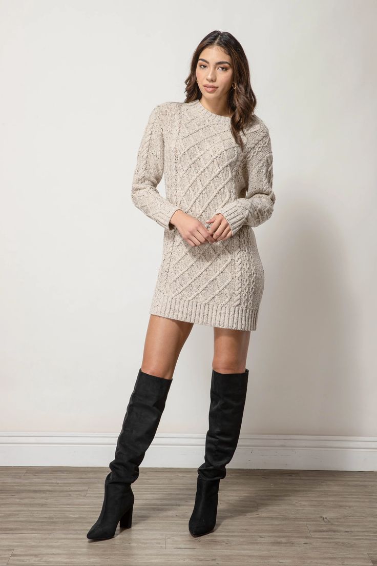 JACKSON SWEATER DRESS – Line & Dot Winter Beige Mini Length Bodycon Dress, Winter Beige Mini Bodycon Dress, Beige Mini Length Bodycon Dress For Winter, Beige Mini Bodycon Dress For Winter, Cable Knit Long Sleeve Dress, Textured Knit Long Sleeve Sweater Dress, Knit Sweater Dress For Loungewear, Knee-length Knit Sweater Dress For Loungewear, Winter Long Sleeve Knitted Mini Dress