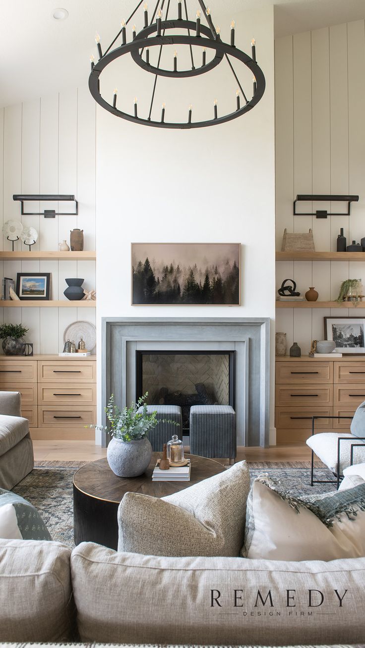 a living room filled with furniture and a fire place in front of a wall mounted fireplace