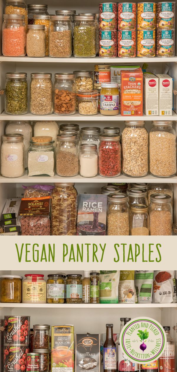 an organized pantry filled with vegan pantry staples and labeled in green text that says vegan pantry staples