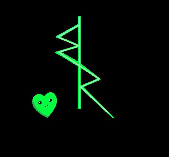 a green heart next to an arrow on a black background with the letter k in it's center