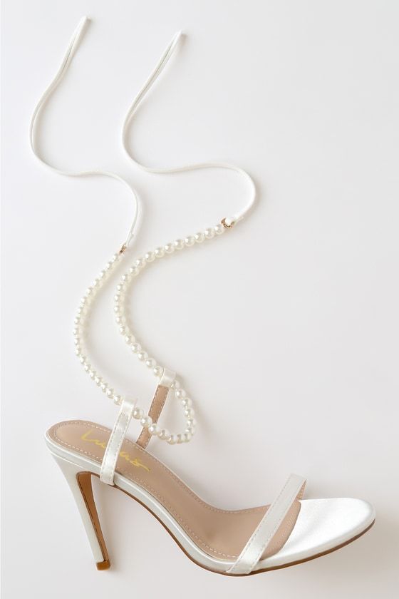 White Satin Heels - Lace-Up High Heels - Pearl Strap High Heels - Lulus Pearl Ankle Strap Heels, Rehersal Dinner Shoes, Bride Shoes Pearls, Lace Up Wedding Shoes, Prom Shoes Pearl, White Prom Heels Classy, Heels With Pearl Strap, White Pearl Heels Bridal Shoes, Wedding Shoes Pearls High Heels