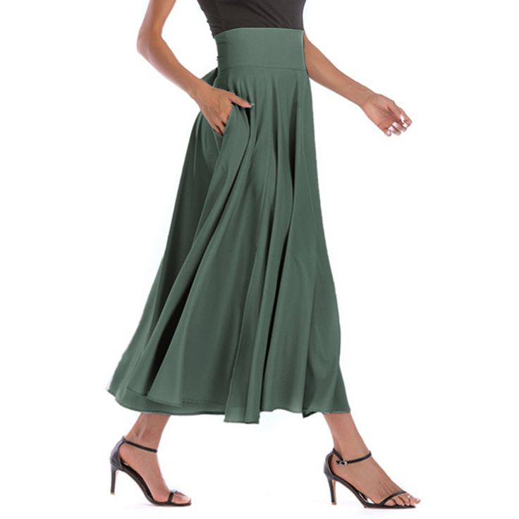 Green High Waisted Swing A-line Maxi Skirt A-line Pleated Skirt With Pockets, Chic A-line Maxi Skirt With Lining, Chic A-line Lined Maxi Skirt, Pleated Green Full Skirt, Casual Green Pleated Full Skirt, Green Pleated A-line Skirt, Green A-line Maxi Skirt For Spring, Flowy A-line Maxi Skirt With Pockets, Chic A-line Maxi Skirt In Solid Color