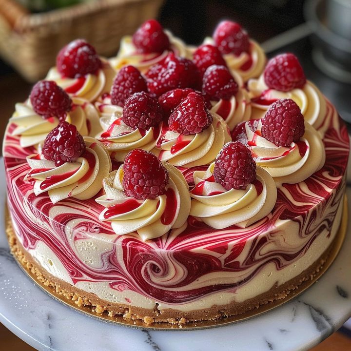 a cake with raspberries and cream frosting