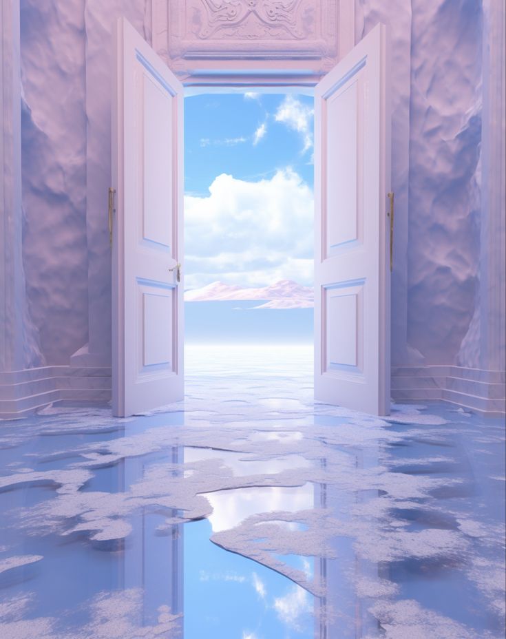 an open door leading to the sky with clouds and water on it in front of a white wall