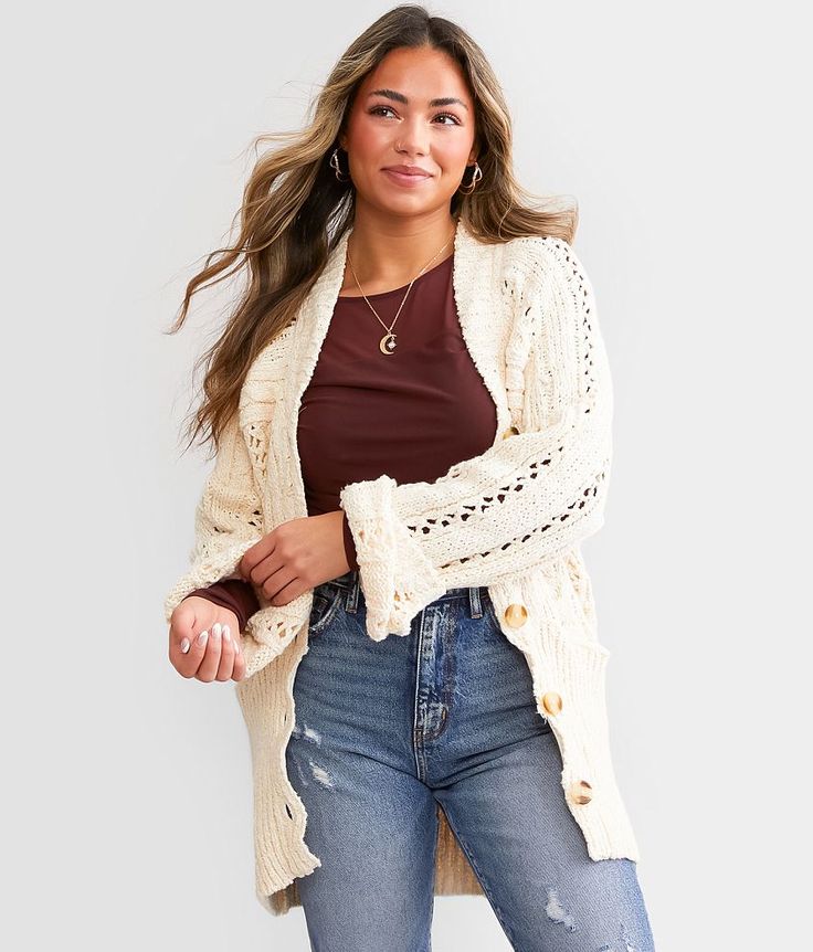 Free People Cable Cardigan Sweater - Cream Small, Women's Ivory Open weave button down cardigan sweater Bust measures 49 on size small Body length 31 1/2 on size small. Layering piece(s) and/or accessories sold separately.. 85% Cotton 15% Acrylic. Hand wash cold separately. Do not wring or twist. Use only non-chlorine bleach. Reshape and lay flat to dry. Low iron as needed. May be dry cleaned.. Measurements: Bust -Fullest part of bust with arms at sides. Waist -Circumference of natural waist: ab Sweater Cardigan Outfit, Cable Cardigan, Button Down Cardigan, Sweater Cream, Sweater For Women, Cardigan Outfits, Cable Sweater, Women's Sweaters, Open Weave