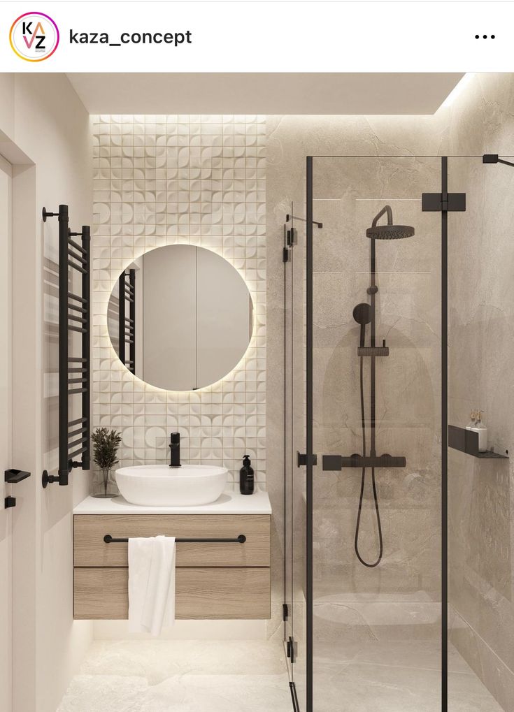 a bathroom with a sink, mirror and shower in it's center wall area