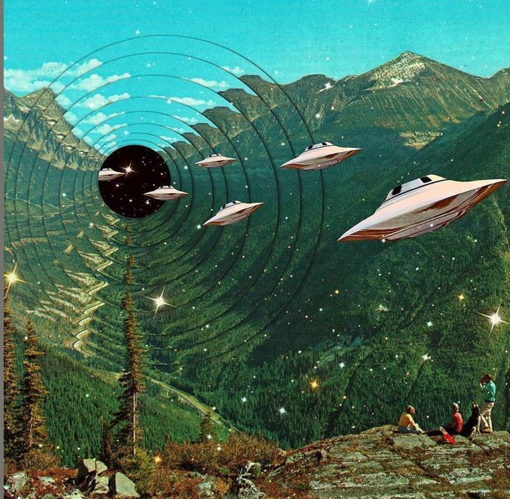 an image of some sci - fi flying in the sky with mountains and trees behind them