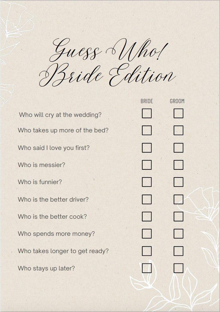 a question card with the words guess who bride