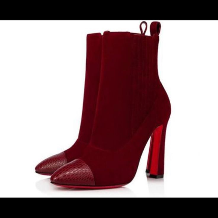 Tanin Burgundy Suede Short Heel Ankle Boots/Booties Size 37.5 Elegant Winter Boots With Red Sole, Formal Winter Boots With Red Sole, Elegant Burgundy Boots With Red Sole, Elegant Burgundy Heels For Winter, Luxury Boots With Red Sole For Fall, Luxury Fall Boots With Red Sole, Luxury Red Boots For Fall, Luxury Red Boots For Party, Designer Red Party Boots