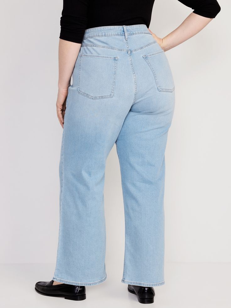 button front belt loops zip fly front scoop pockets back patch pockets sits at belly button loose hip and thigh wide leg models are approx.  5'9" and wear sizes S (size 4), L (size 12), and XL (size 18) High Rise Light Wash Jeans With Zipper Closure, Light Wash High Rise Jeans With Zipper Closure, High Waist Denim Blue Flare Jeans With Zipper, High Waist Denim Blue Flare Jeans With Zipper Closure, Straight Leg Flare Jeans For Elevated Casual Look, High Waist Light Wash Jeans With Zipper Closure, Elevated Casual Full-length Bottoms With Side Pockets, High Rise Medium Wash Bottoms With Zipper Closure, High Rise Bottoms With Zipper Closure In Medium Wash