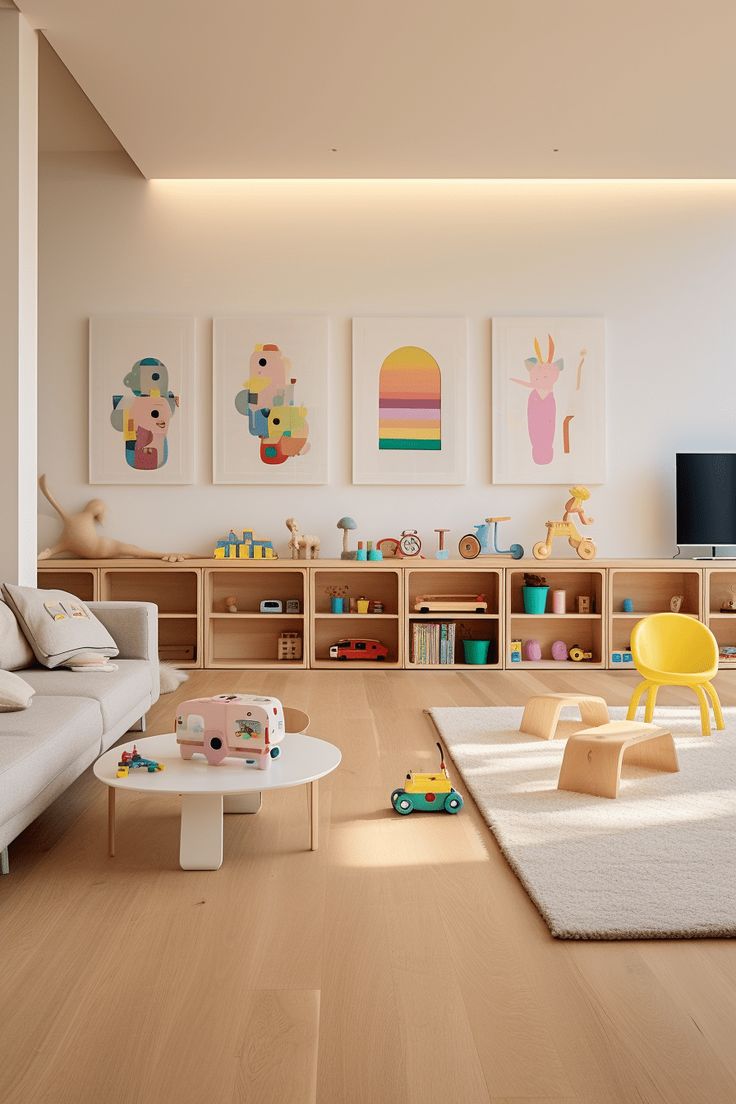 a living room filled with lots of furniture and art on the wall above it's bookshelves