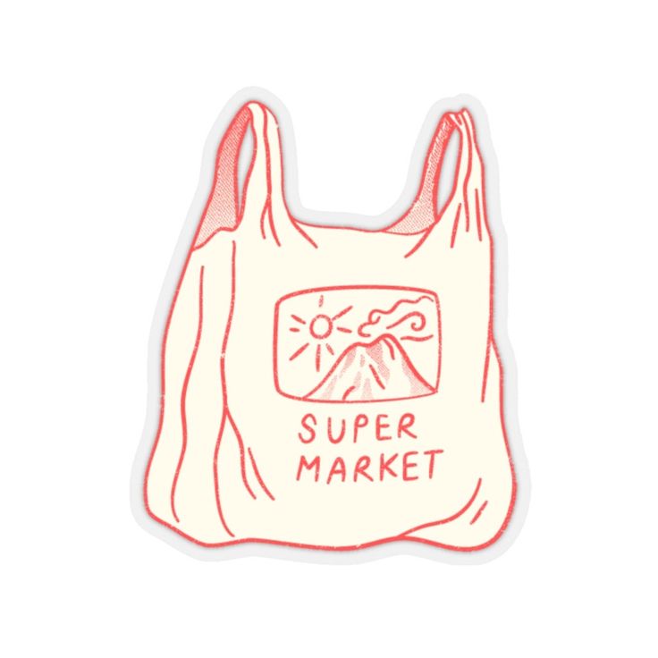 a white bag with the words super market on it and an image of a mountain