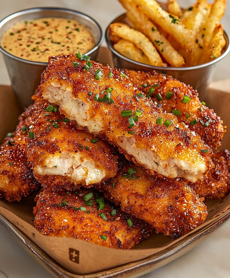 some fried chicken and french fries are on a plate with dipping sauce in the background