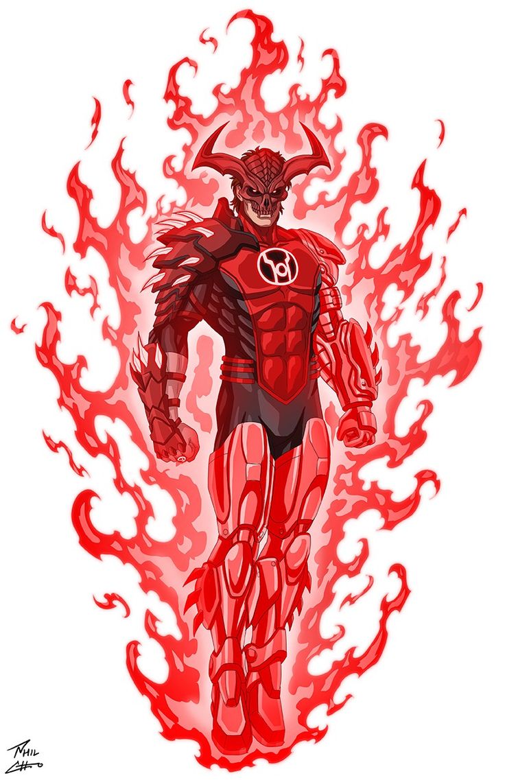 a drawing of a man in red with flames around him