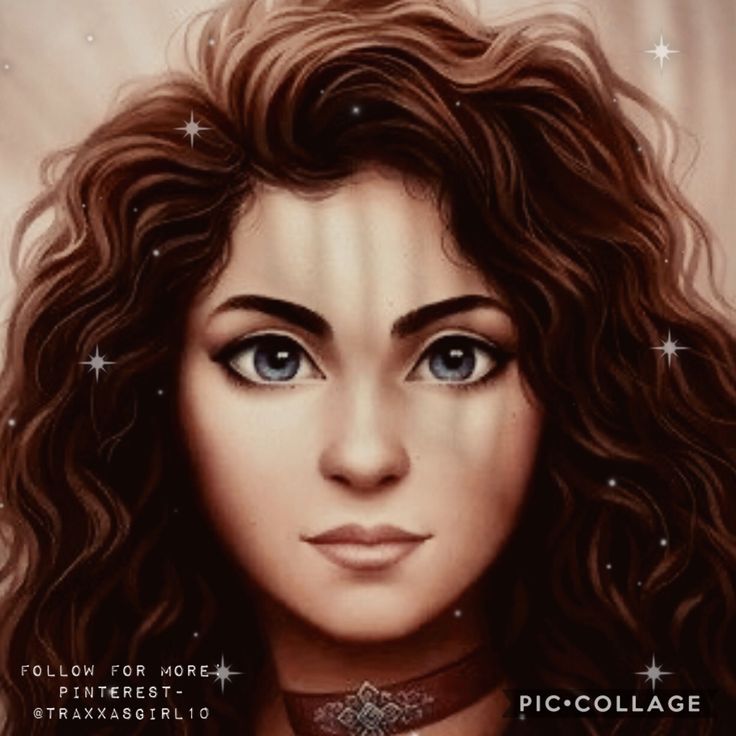 a digital painting of a woman with blue eyes and long curly hair wearing a choker